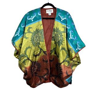 Vtg Carol Patterson Women Silk Kimono Tunic Floral Short Sleeve Green Blue OS*